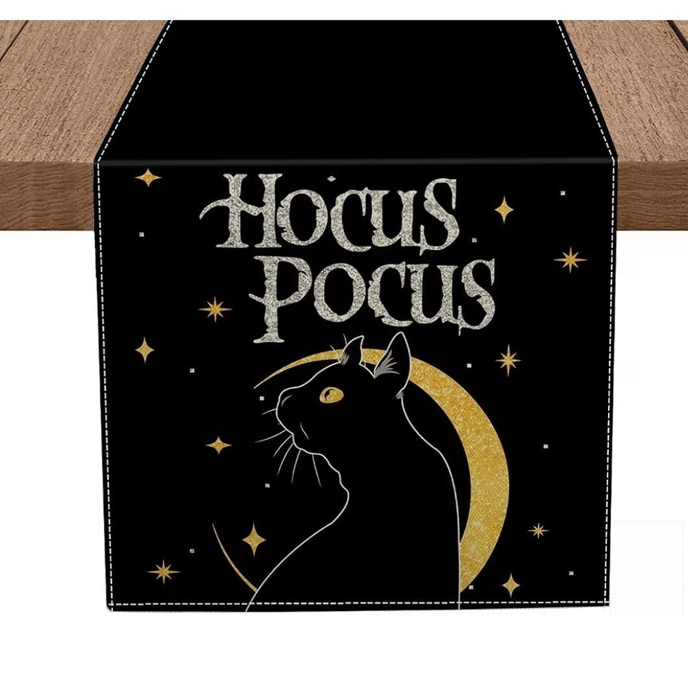 Hocus Pocus Halloween Table Runner Black Cat Moon Stars Spooky Decor Binx